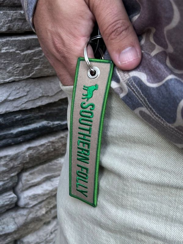 Southern Folly Embroidered Keychain Tan & Green
